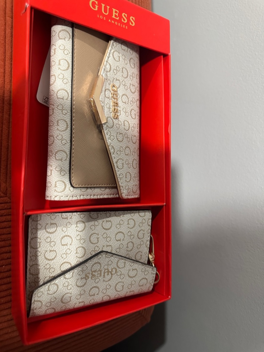 GUESS Beige Monogram Wallet & Card Case with Gold Hardware